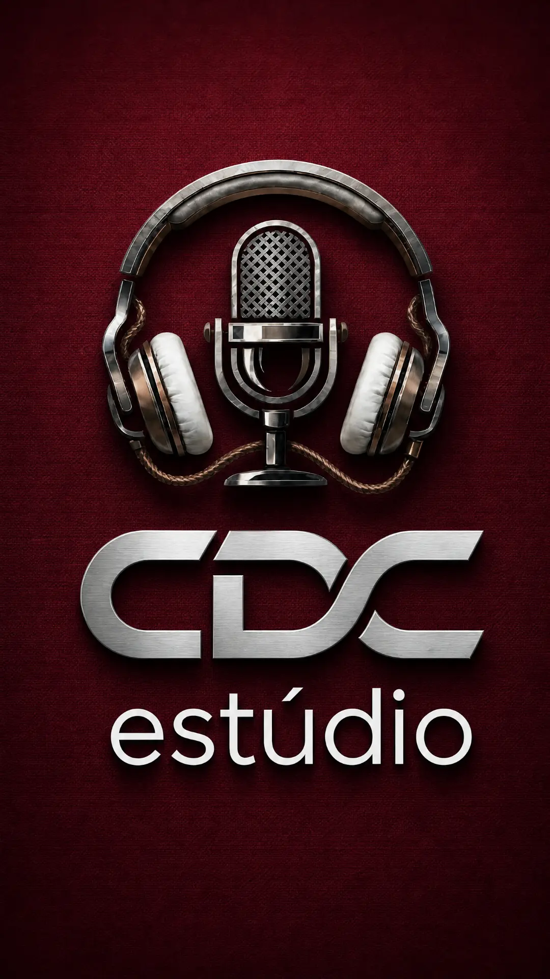 Logomarca vertical do CDC Estúdio com microfone e headphone